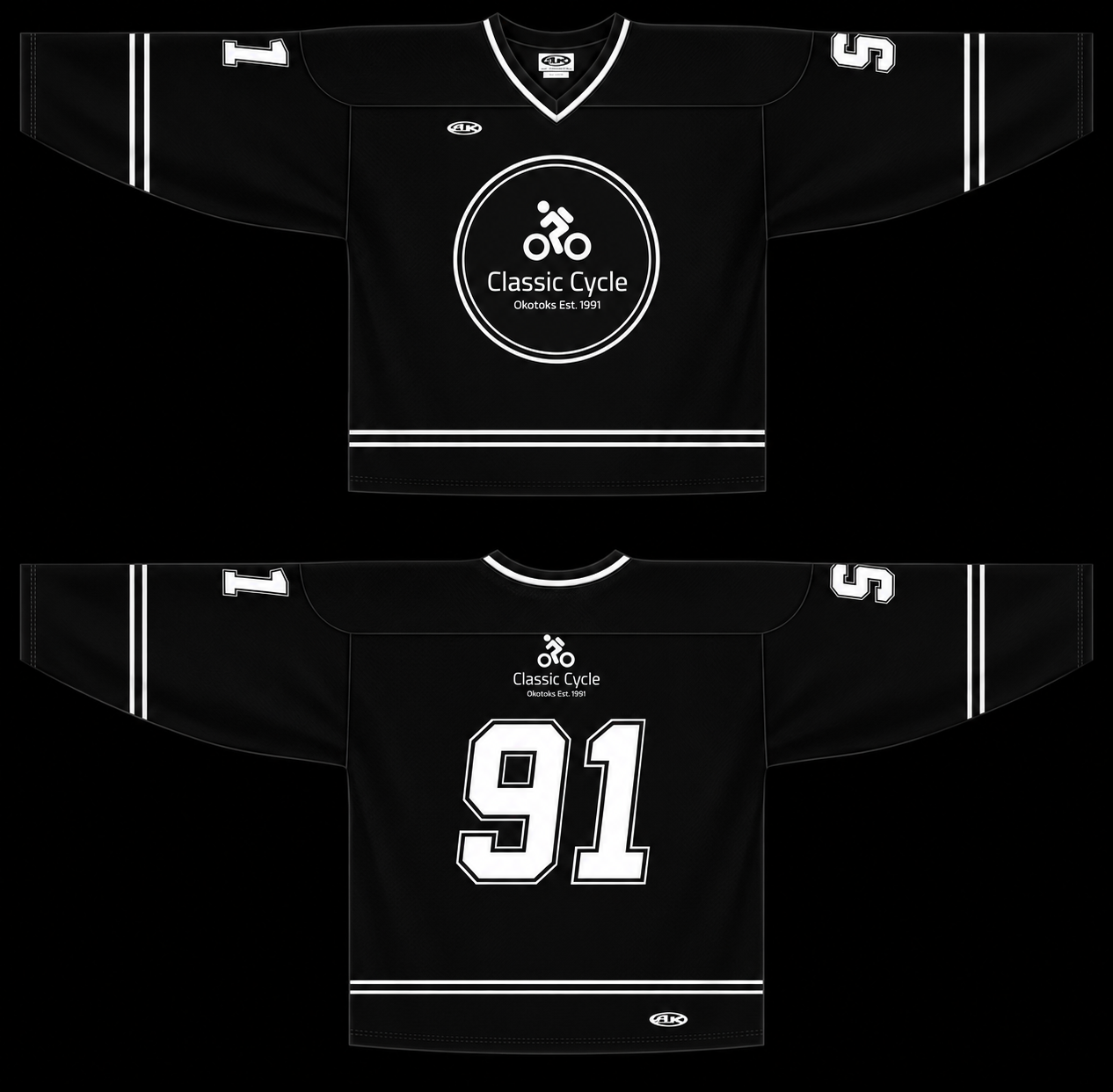 Black Classic Cycle Okotoks hockey jersey with white circular bike logo, front and back
