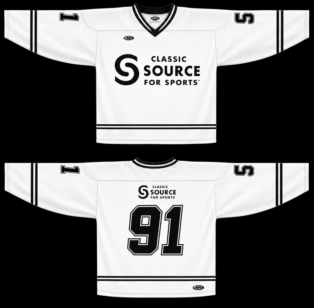 White Classic Source for Sports hockey jersey with black logo and stripes, front and back