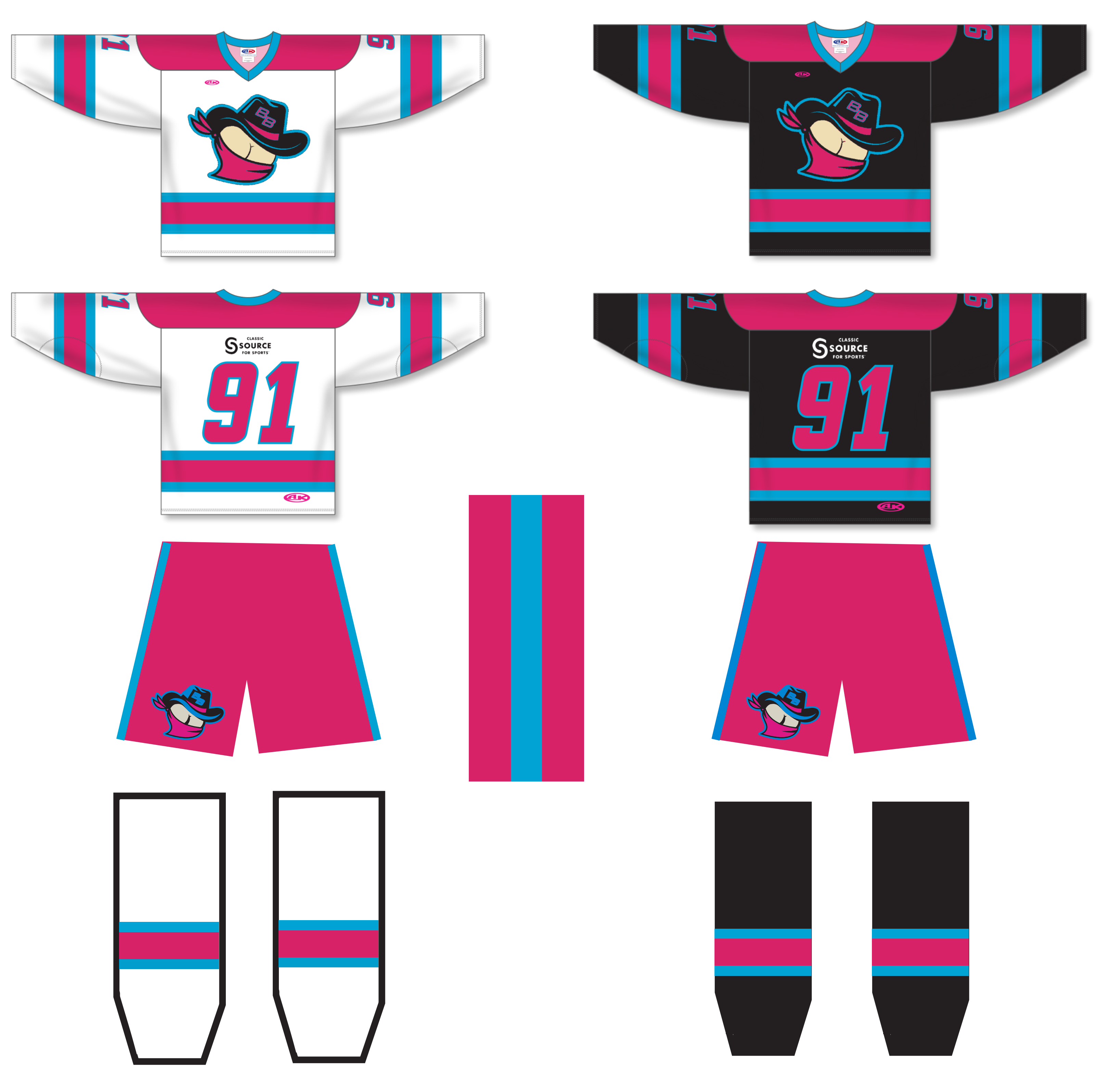 Complete Backdoor Bandits hockey kit: white and black jerseys, pink and blue socks and pants
